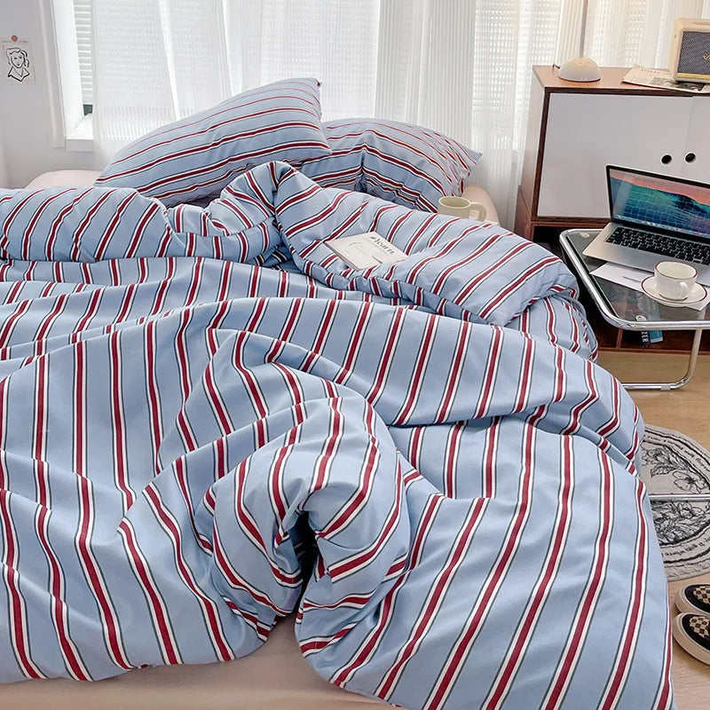 Red & Blue Striped Duvet Cover Set – Washed Cotton Bedding, 3 or 4 Piece, Twin to King