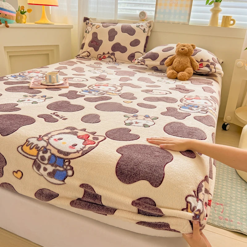 Flannel Fleece Fitted Bed Sheet – Warm Cartoon Purple, Elastic Single to King, Winter Bedsheet