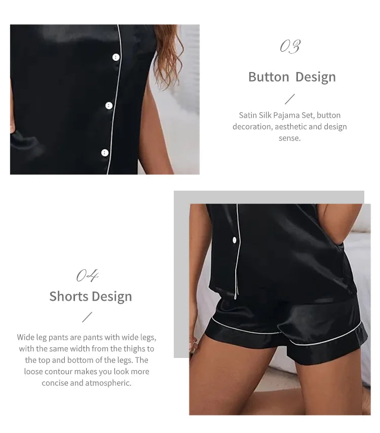 Women's Satin Sleepwear Set | Button Down Top & Shorts 2-Piece Summer Pajamas