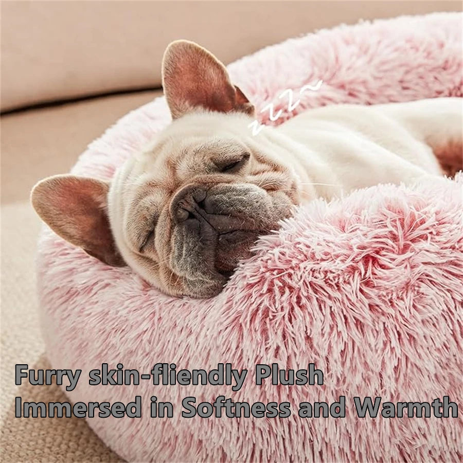 Plush Faux Fur Donut Pet Bed – Warm Calming Round Bed for Small & Medium Dogs & Cats