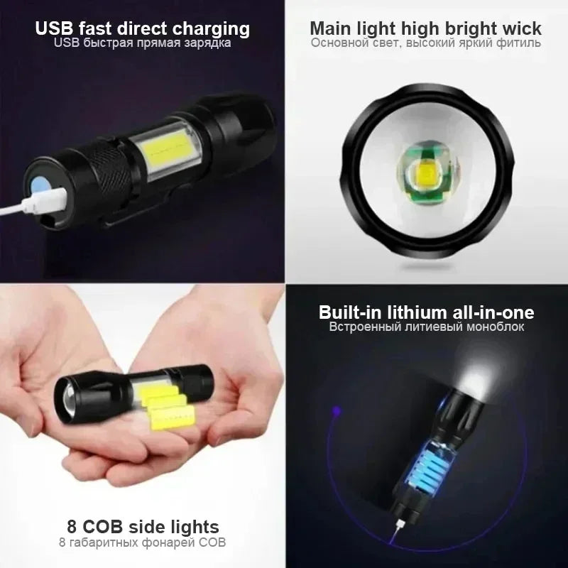 COB+XPE Mini Zoomable Flashlight – 350 Lumen, 3-Mode, USB Rechargeable, Pen Clip, Waterproof Camping Torch