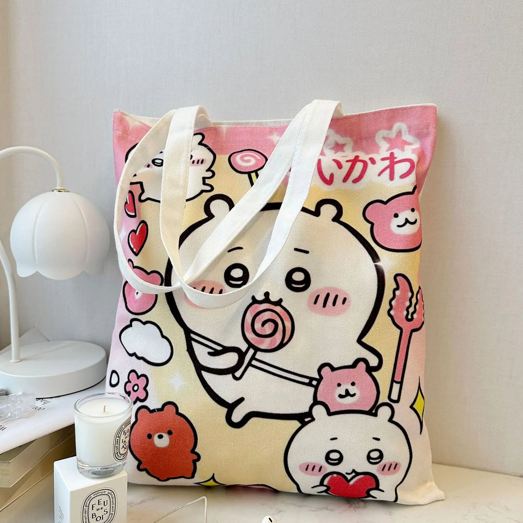 Chiikawa Hachiware Canvas Tote Bag – Large Capacity Foldable Shoulder Shopping Bag for Women