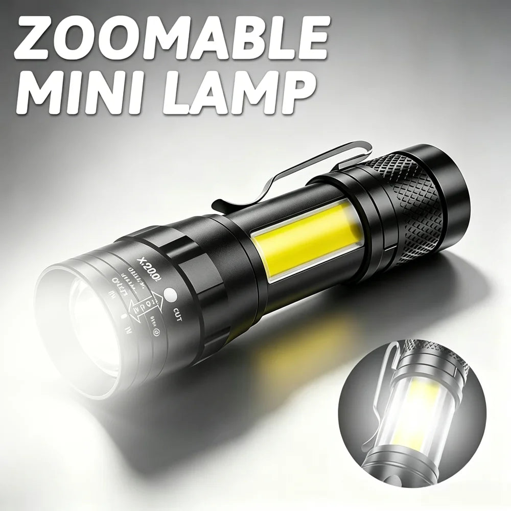 USB Rechargeable Mini COB+XPE Flashlight – Zoomable, 3-Mode, Pen Clip, 350 Lumen Camping Torch