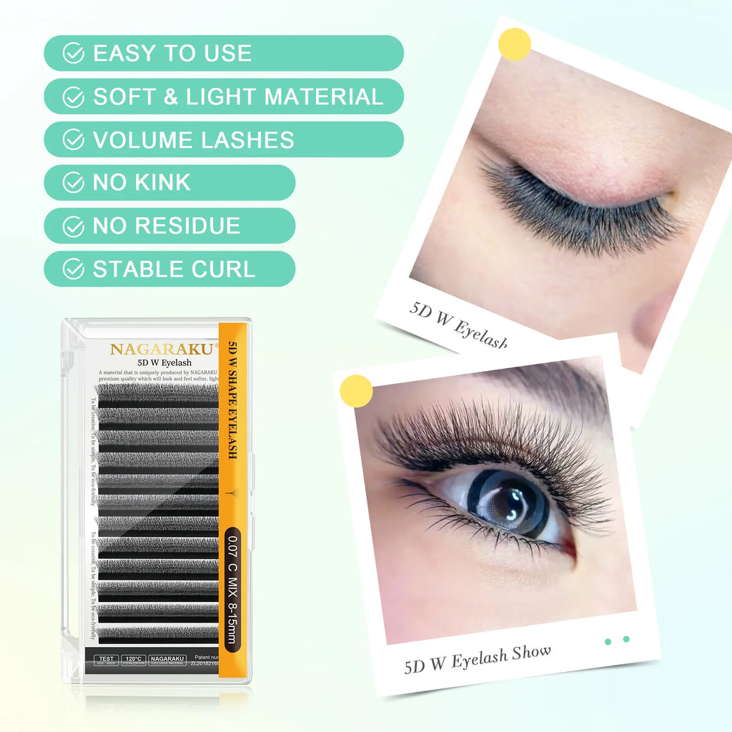 Salon-Perfect Lashes. Every Time. — NAGARAKU W Shape Premade Fan Eyelash Extensions | 3D 4D 5D, C & D Curl, 0.07mm, 8–15mm, Natural Soft Light