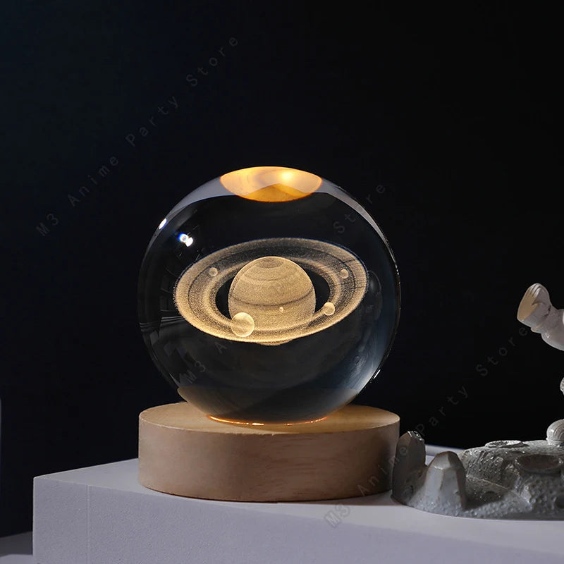 3D Crystal Ball Night Light — LED Galaxy Lamp (Saturn, Moon, Solar System) Birthday Gift