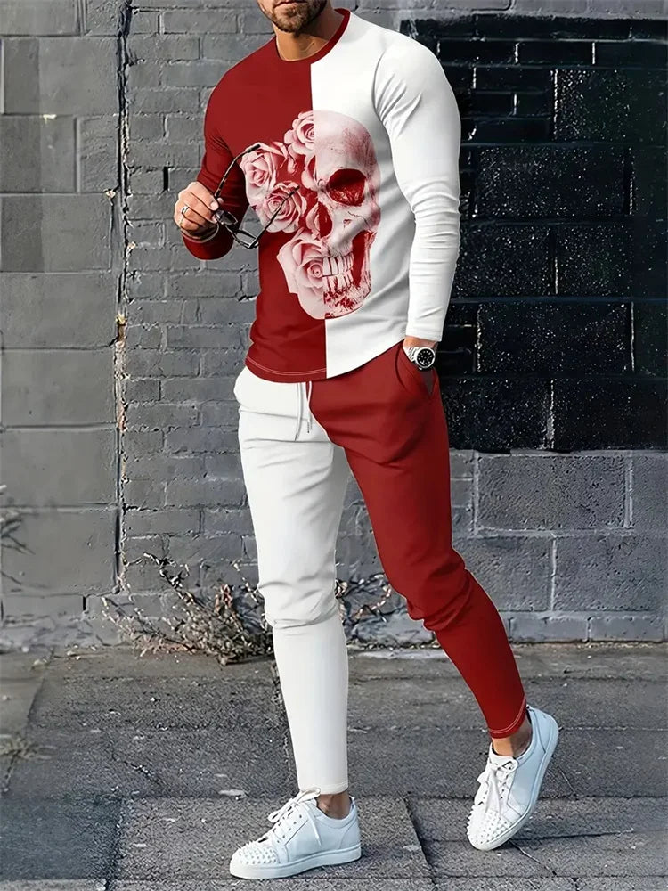 Men's Retro Quilted Print Long Sleeve T-Shirt & Pants Set – Casual Street Sport 2-Piece