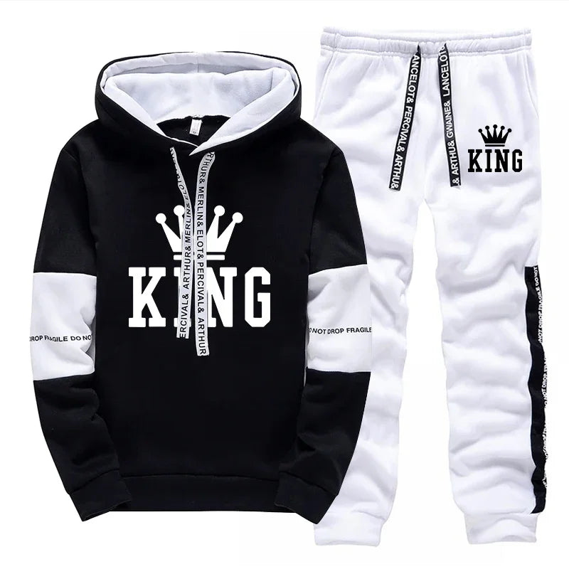 Men's King Print Hoodie & Sweatpants Streetwear Tracksuit – Casual Outdoor Sport Set