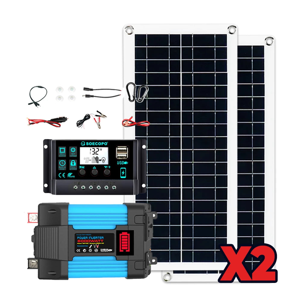 SOECOPO 6000W Solar Power System Kit – 200W x2 Panels, DC to AC Inverter, 100A Controller for Home & Camping