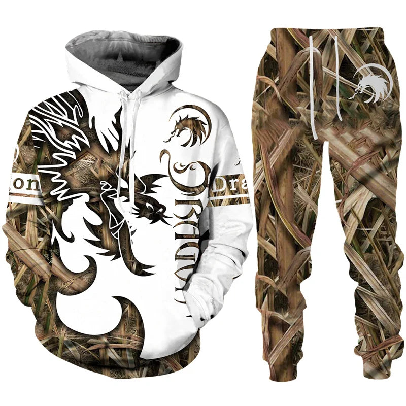 Dragon Print Hoodie Tracksuit Set – Oversized 2-Piece Sweatshirt & Pants
