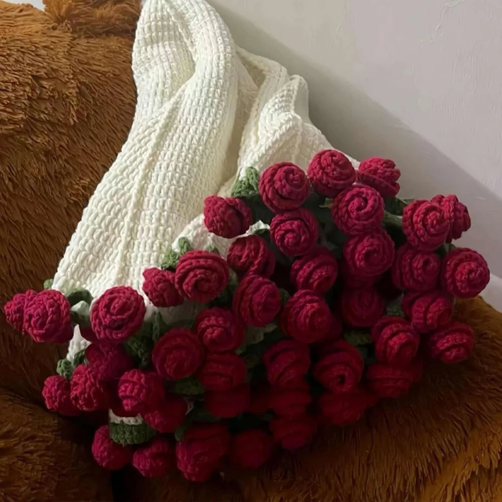 Rose Blanket Bouquet – Handmade Crochet Roses with Gift Bag, Valentine's Day & Birthday Gift for Girlfriend
