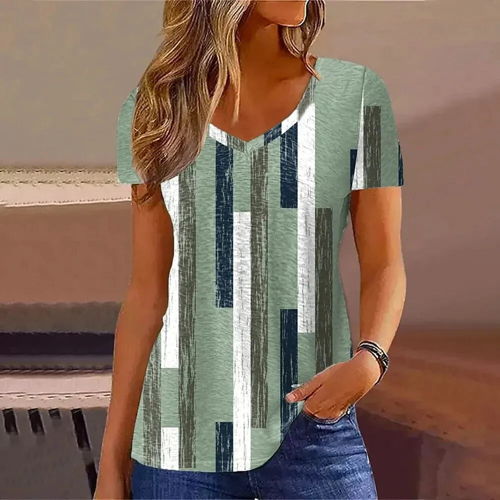 Women's 3D Flower Print V-Neck T-Shirt – Kawaii Oversized Summer Top & Blouse