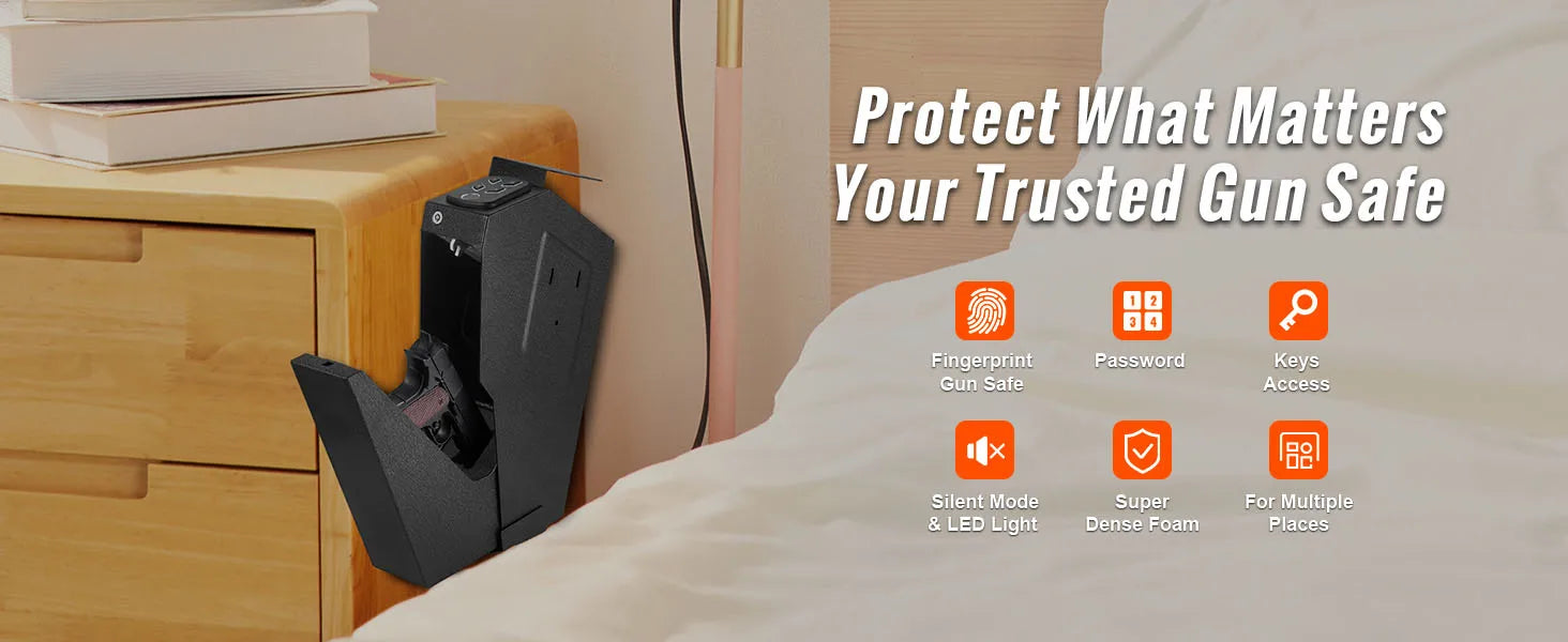 SucceBuy Pistol Safe — Q235 Steel, 3-Way Quick Access, Biometric Fingerprint, LED, Silent Mode