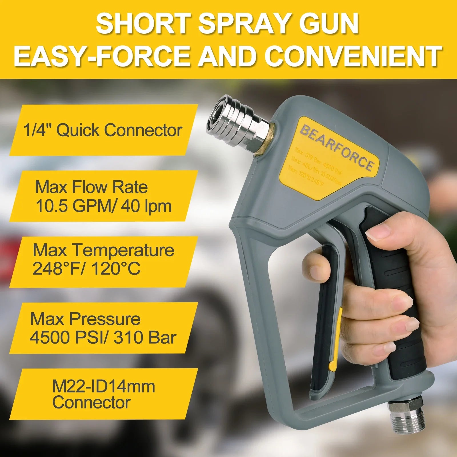 BEAR FORCE Pressure Washer Spray Water Gun — M22-14mm Inlet with Quick Connector for Nozzles, Wand & Foam Cannon