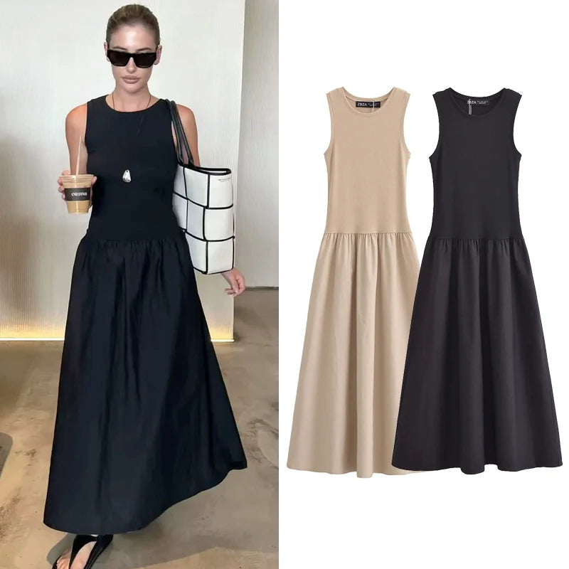 Sleeveless Elegant Maxi Dress — Vintage Casual Party Dress in Black & Khaki