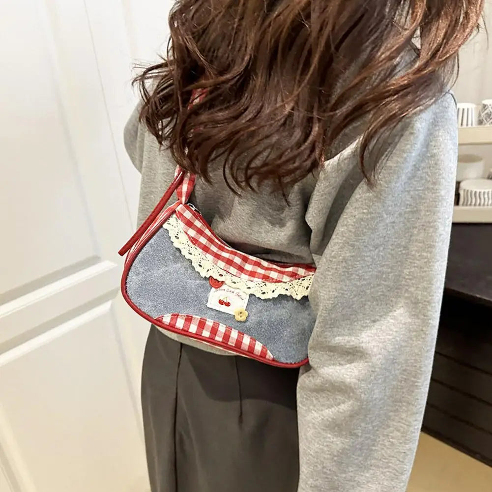 Y2K Checkered Lace Bowknot Shoulder Bag – Sweet Underarm Crossbody Bag for Women