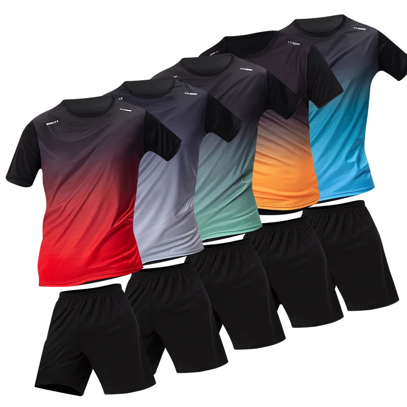 Men's Gradient Multi-Color Short Sleeve & Shorts Sport Set – Breathable Casual 2–4 Piece