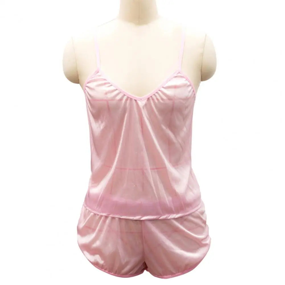 Low Cut Vest & Shorts Sleepwear Set — Solid Color Summer Nightwear
