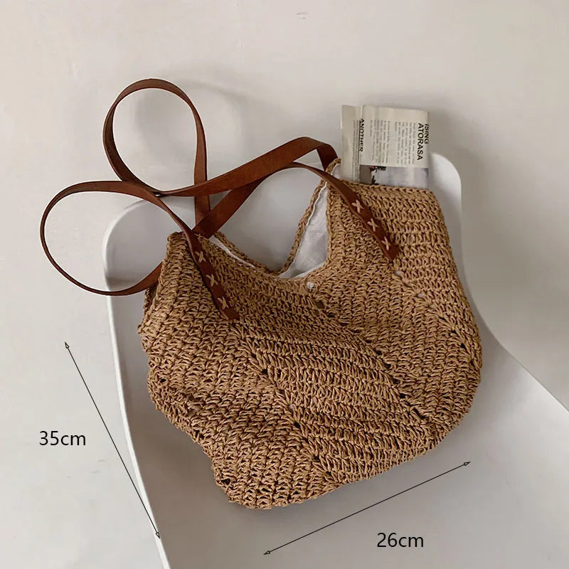 Handmade Straw Rattan Woven Tote Bag – Bohemian Beaded Summer Beach Shoulder Bag for Women