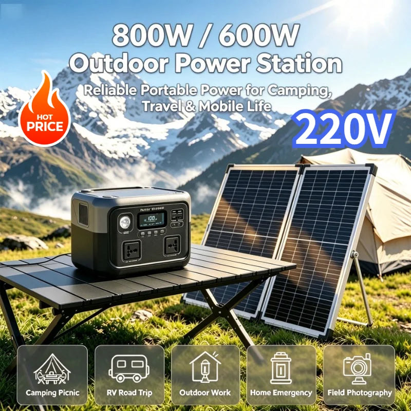 600W and 800W portable power station promotion showing a station and optional solar panels at a campsite