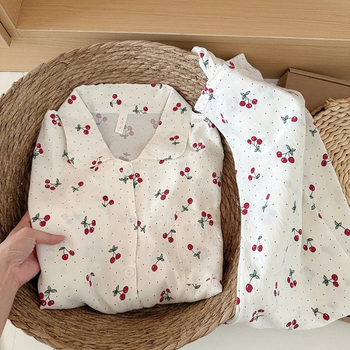 Women's Kawaii Goose Print Y2K Pajamas Set | Korean Fashion Lapel Neck Autumn Loungewear
