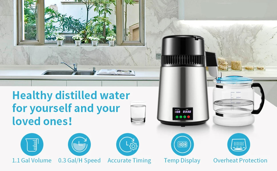 SucceBuy 4L Water Distiller Purifier Filter — Touch Screen, 5-Stage Filtration, 1L/H Distilling Speed