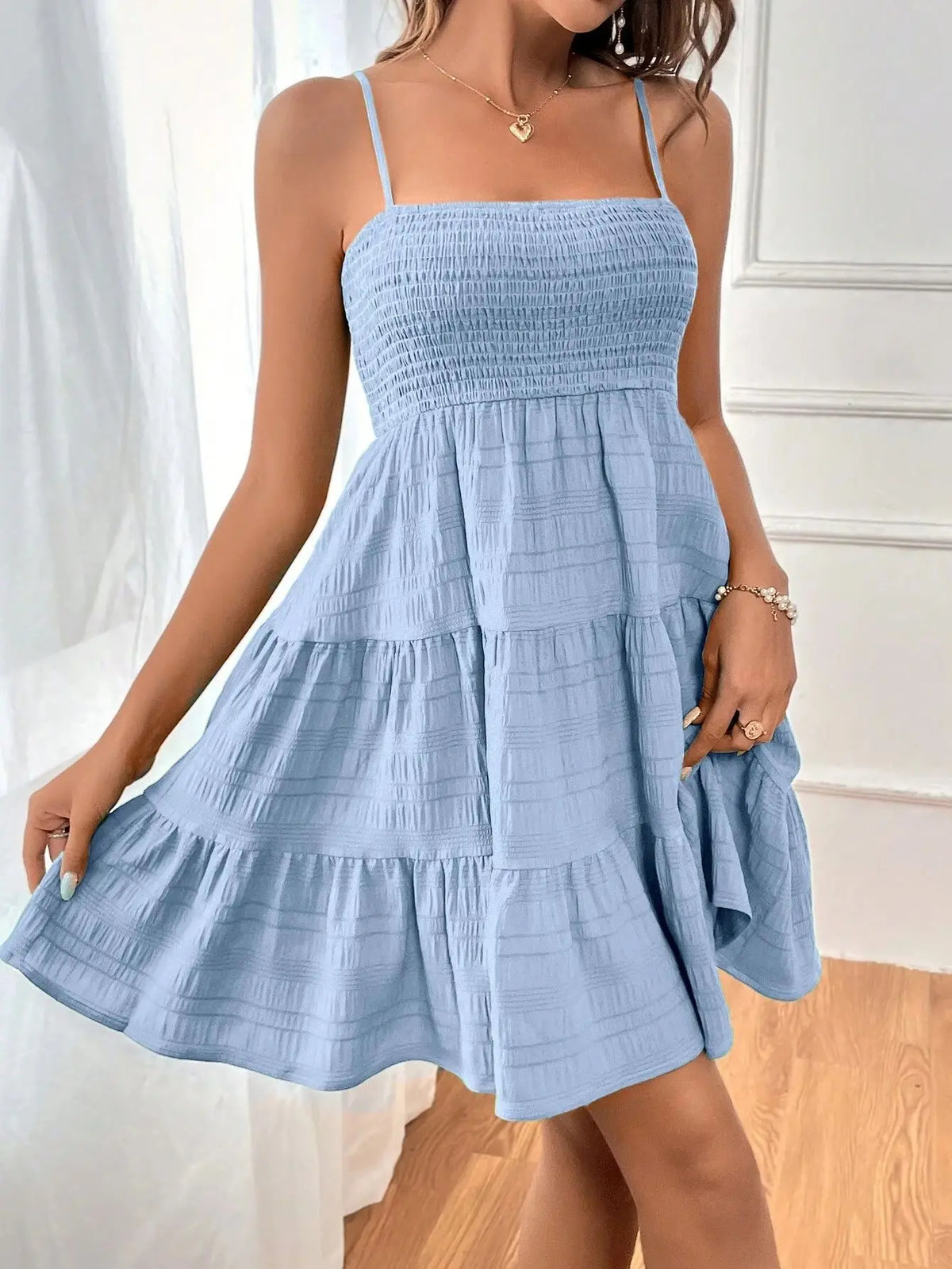 Women's Smocked Bustier Ruffled Tiered Swing Mini Dress – Spaghetti Strap Beach Vacation Dress