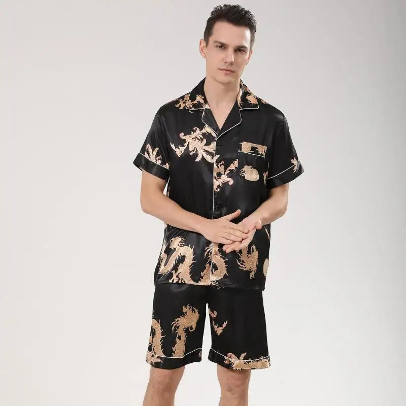 Men's Dragon Print Satin Pajama Set — Lapel Shirt & Shorts