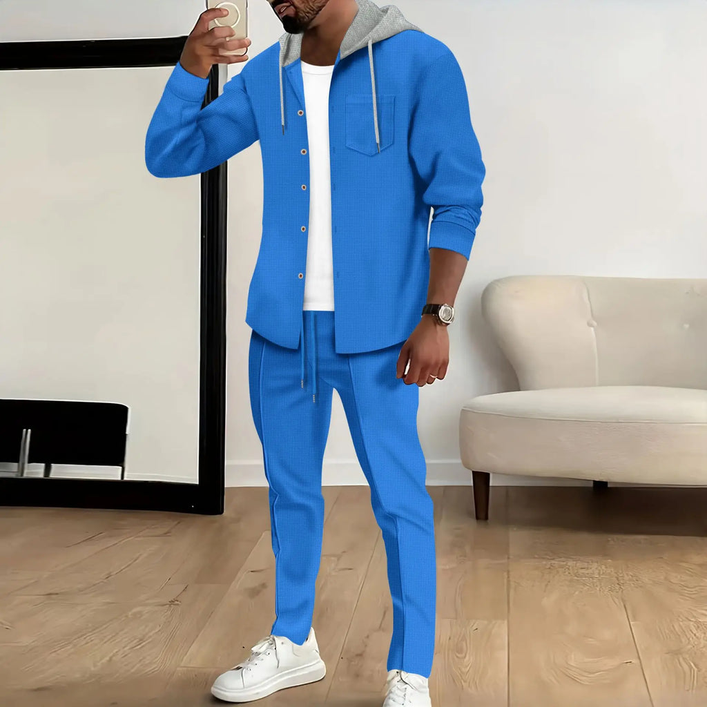 Men's Waffle Knit Slim-Fit Hooded Cardigan & Pants Tracksuit