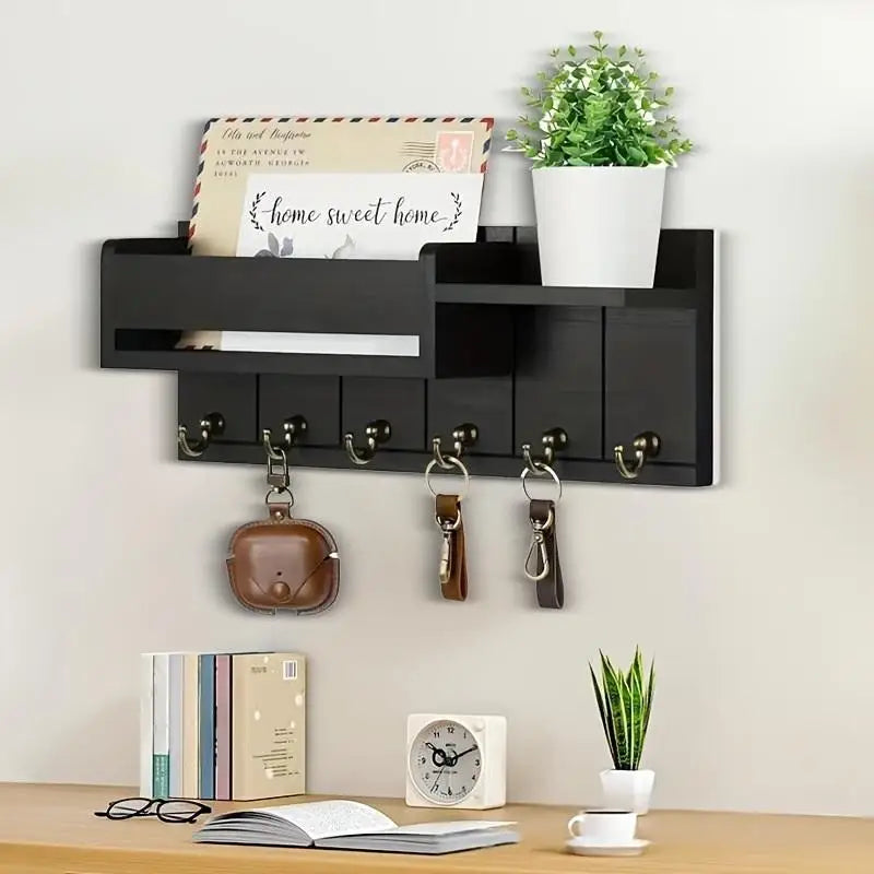 Wall-Mounted Wood Storage Rack with 7 Hooks — Mail, Keys, Glasses & Entryway Organizer