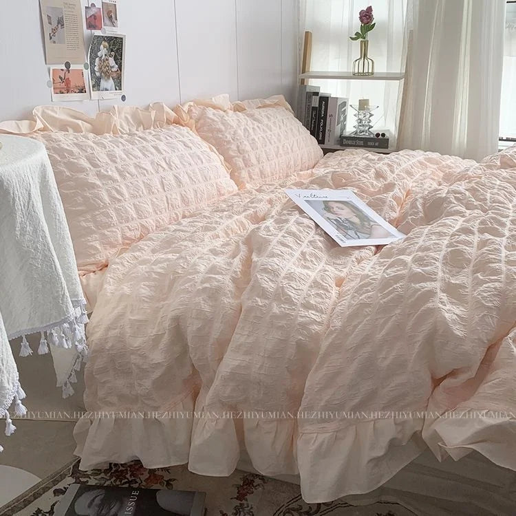 Girls Blue Seersucker Ruffle Bedding Set – Kawaii Soft Duvet Cover with Pillow Cases
