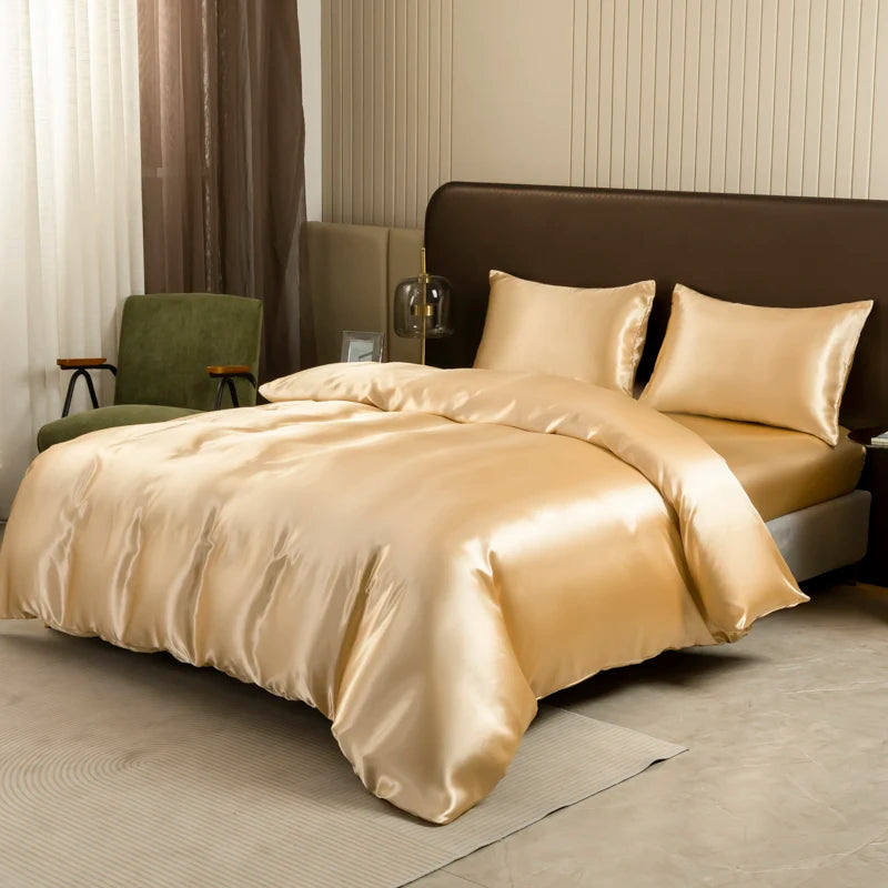 Luxury Ice Silk Satin Bedding Set – Solid Color Duvet Cover with Pillowcases, Queen & King