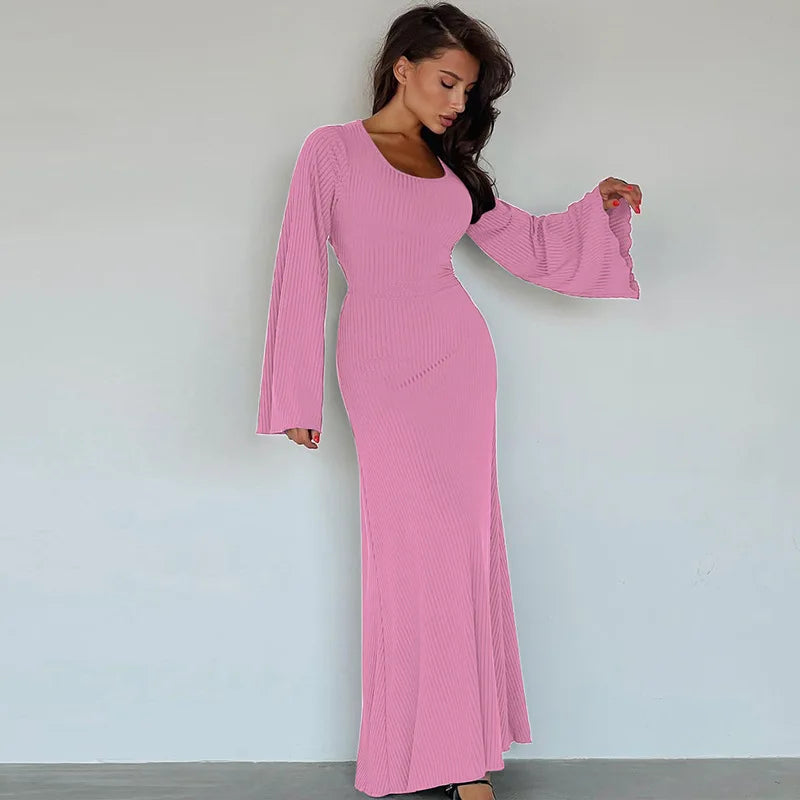 Long Flare Sleeve Maxi Dress — Slim Lace-Up Floor-Length Casual Office Dress