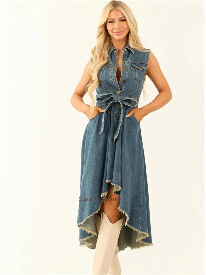 Denim Dresses For Women Sleeveless Sexy Irregular Girl Fashion A-Line Long Tunic Dress Lady Lace-Up Female Jeans Clothes