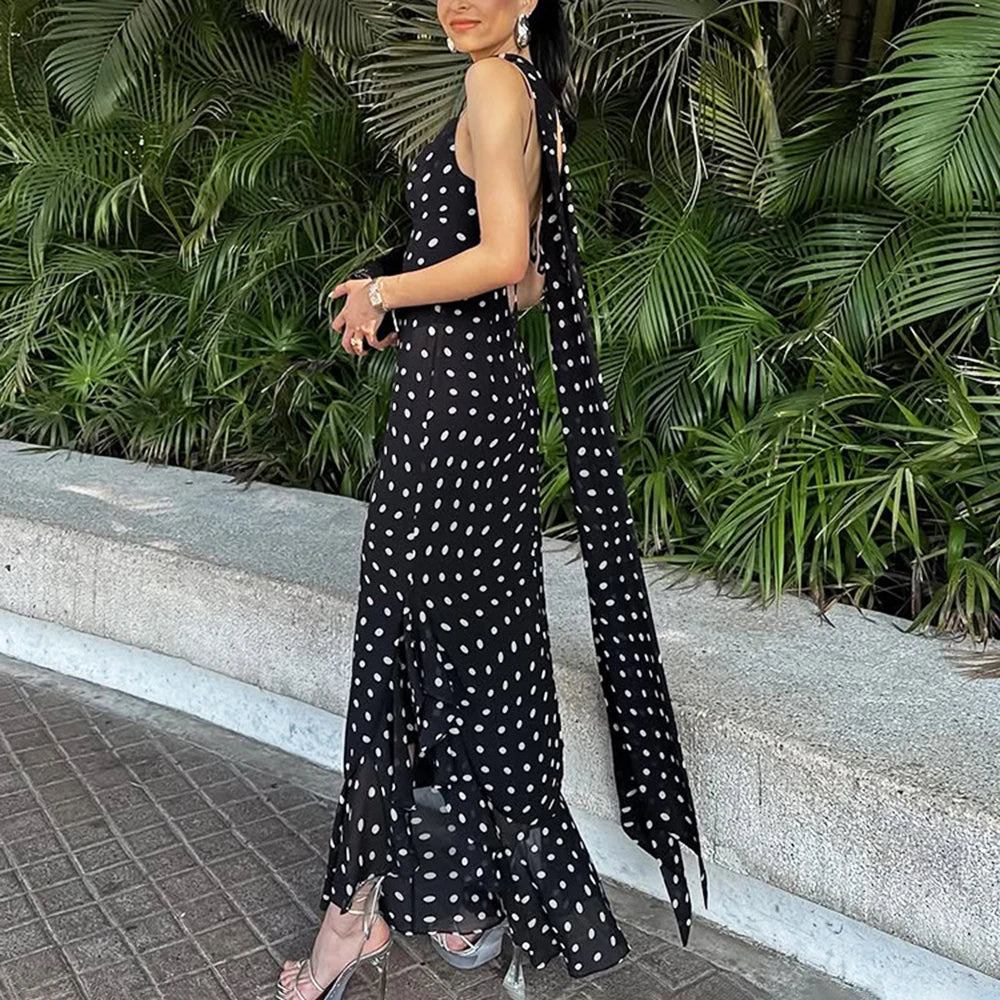 Elegant Polka Dot Halter Pleated Maxi Dress – Ruffle Sleeveless Evening & Party Dress