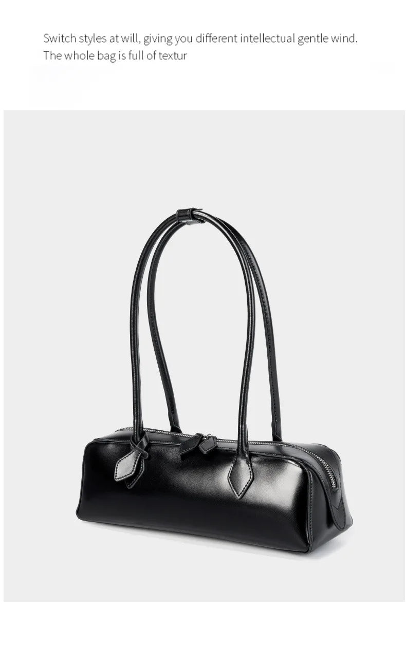 Vintage Genuine Leather Baguette Shoulder Bag – Korean Luxury Underarm Handbag for Women
