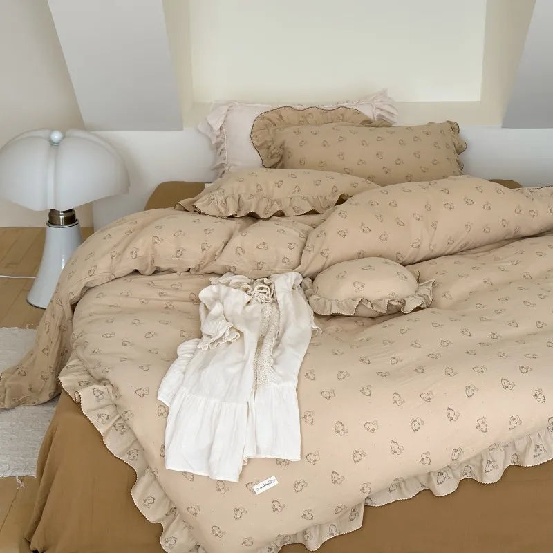 Princess Ruffle Bedding Set – 100% Cotton Gauze Duvet Cover with Pillowcases, Floral, 3-Piece