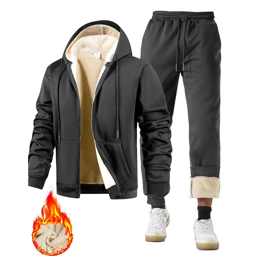 Men's Plush Thickened Hoodie Jacket & Trousers Set – Warm Winter Outdoor Sport Suit