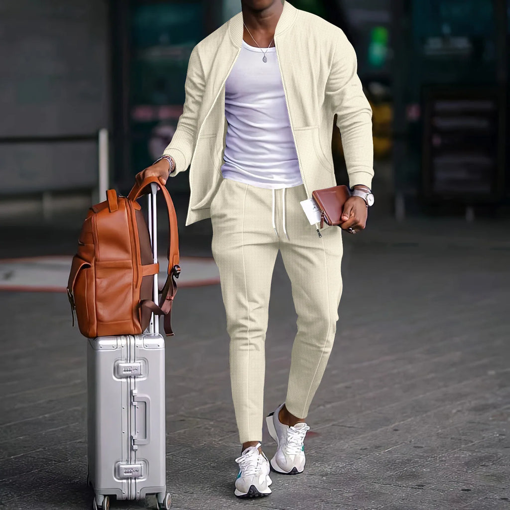 Men's Waffle Knit Baseball Jacket & Pants Set – Casual High Street Co-Ord