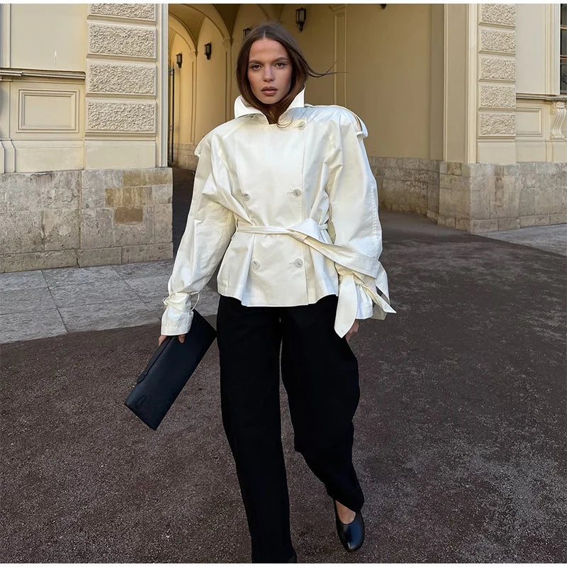 Women's Double-Breasted Cropped Trench Coat – Chic Vintage Office Jacket