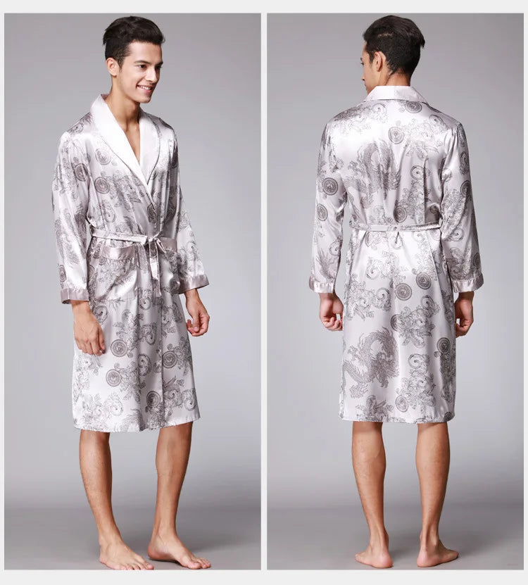 Men's Dragon Print Kimono Bathrobe — Plus Size Satin Robe