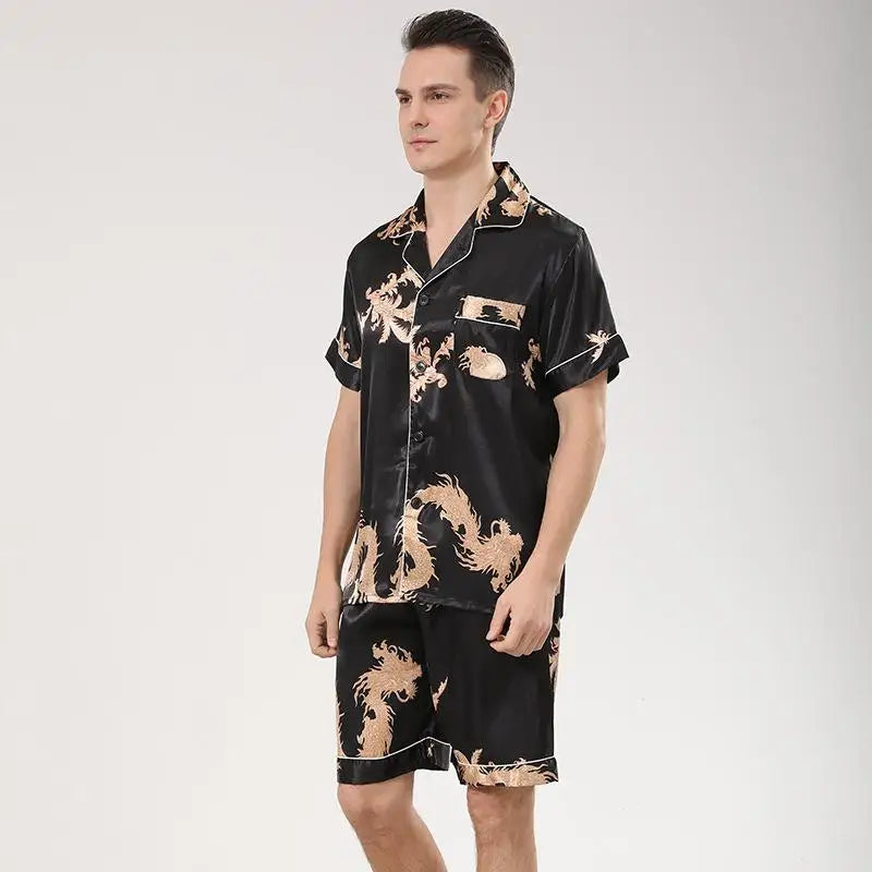 Men's Dragon Print Satin Pajama Set — Lapel Shirt & Shorts