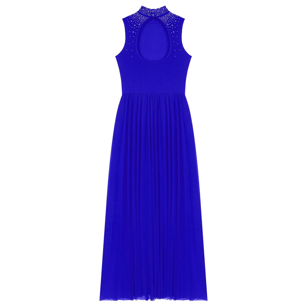 Rhinestone Maxi Sleeveless Contemporary Dance Dress — Mock Neck Wide Hemline Lyrical Leotard