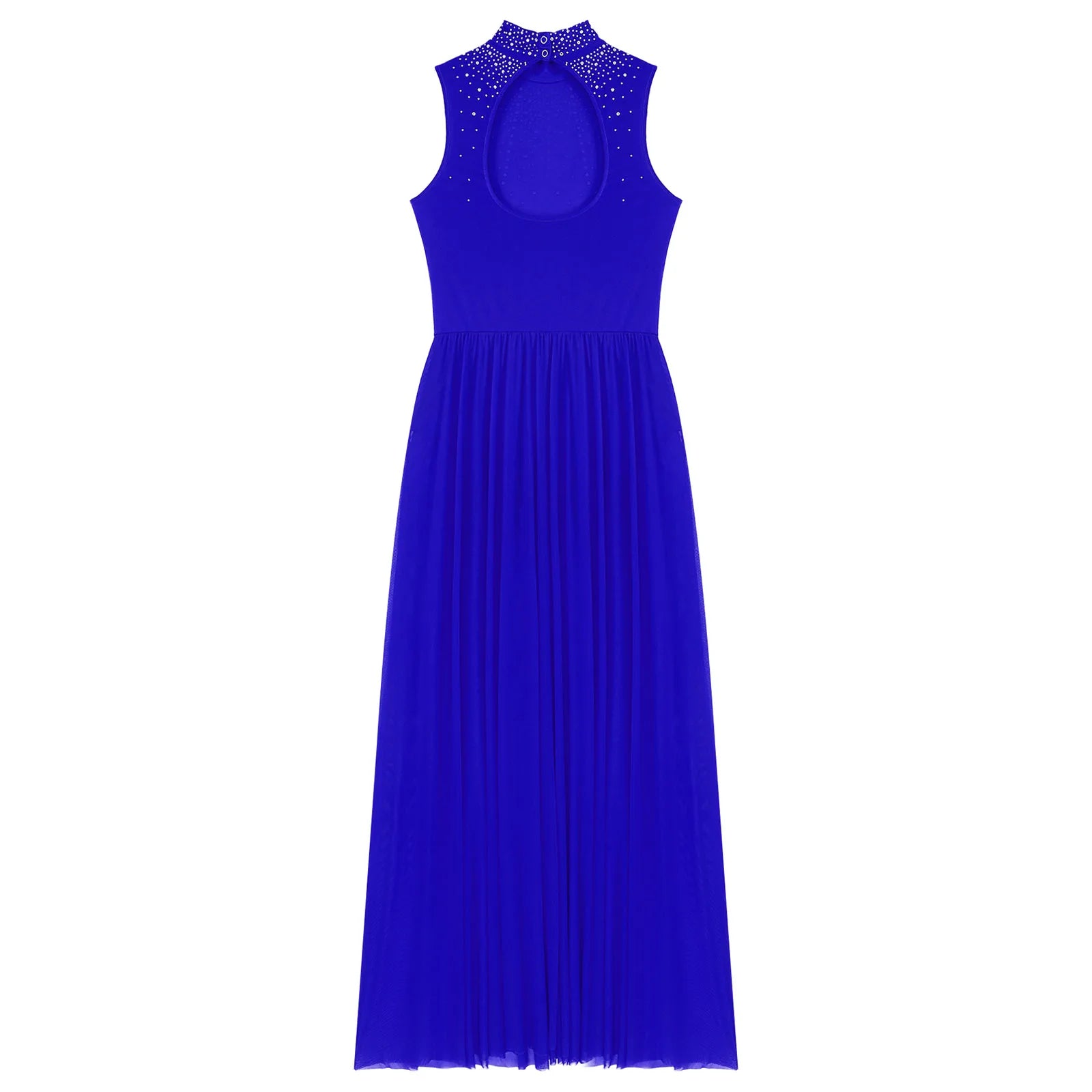 Rhinestone Maxi Sleeveless Contemporary Dance Dress — Mock Neck Wide Hemline Lyrical Leotard