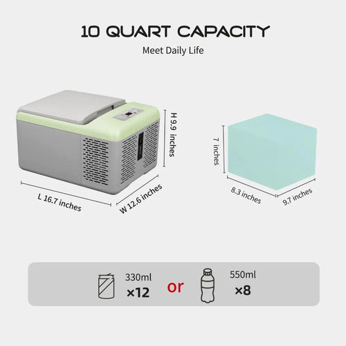 10 Quart Portable Freezer — 12V Car Refrigerator Fast Cooling -20°C to 20°C for Camping, RV, Truck & Boat