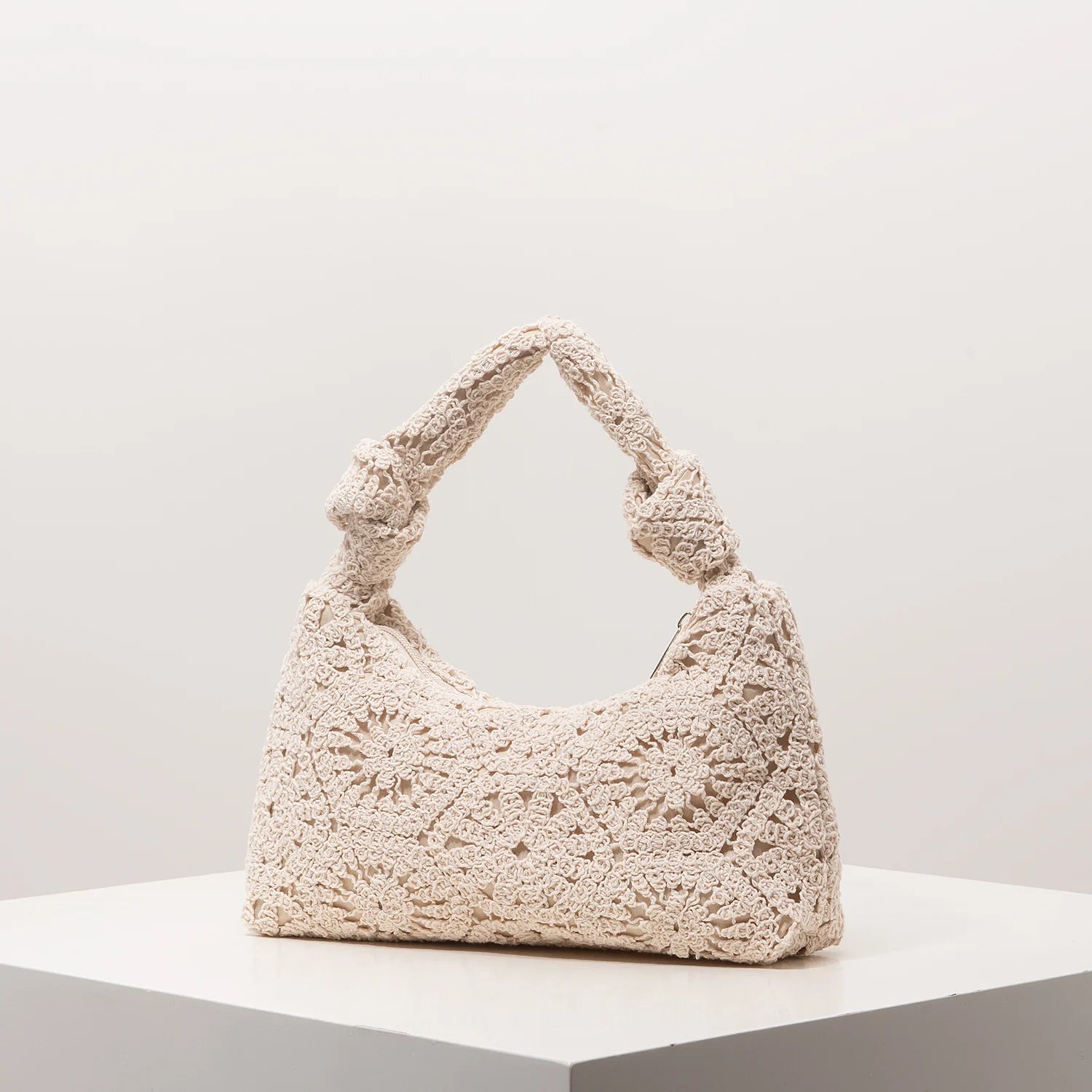 Boho Floral Half-Moon Beach Bag – Hollow-Out Polyester Shoulder Bag for Women