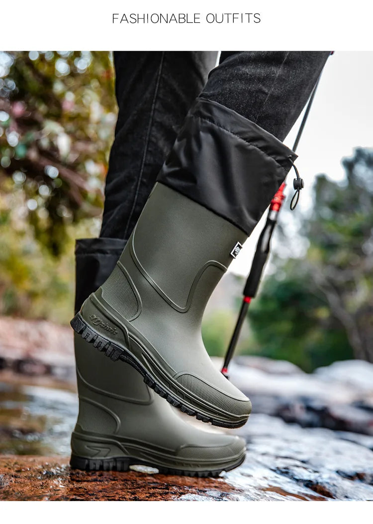 Men's Mid-Calf PVC Rain Boots with EVA Insoles