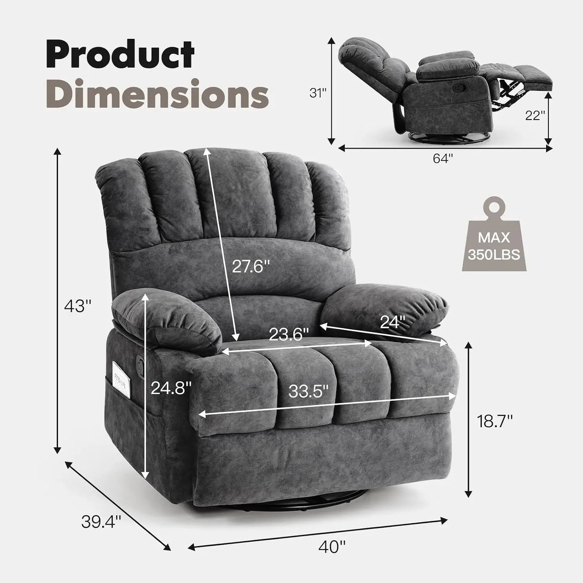Oversized Swivel Rocker Recliner with 33.5-Inch Seat