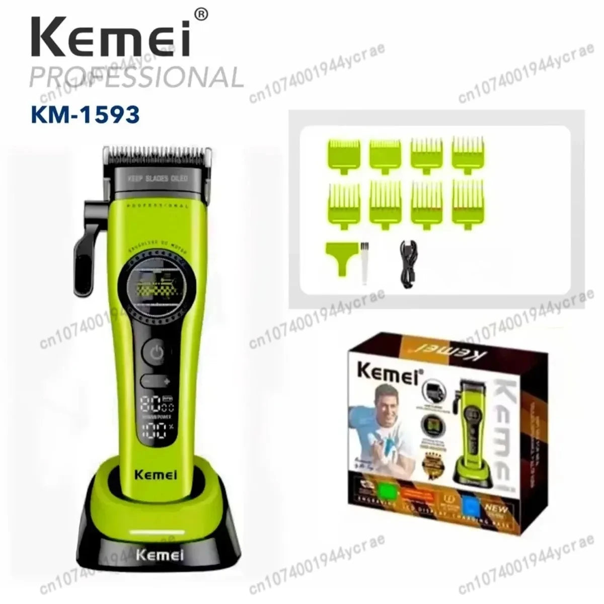 Kemei KM-1593 / KM-1595 Brushless Hair Clipper – DLC Blade, 8000 RPM, 200-Min Runtime, USB-C