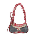 Fashion Grid Lace Ribbon Shoulder Bag – Stretchable Underarm Bag for Daily Commuting & School