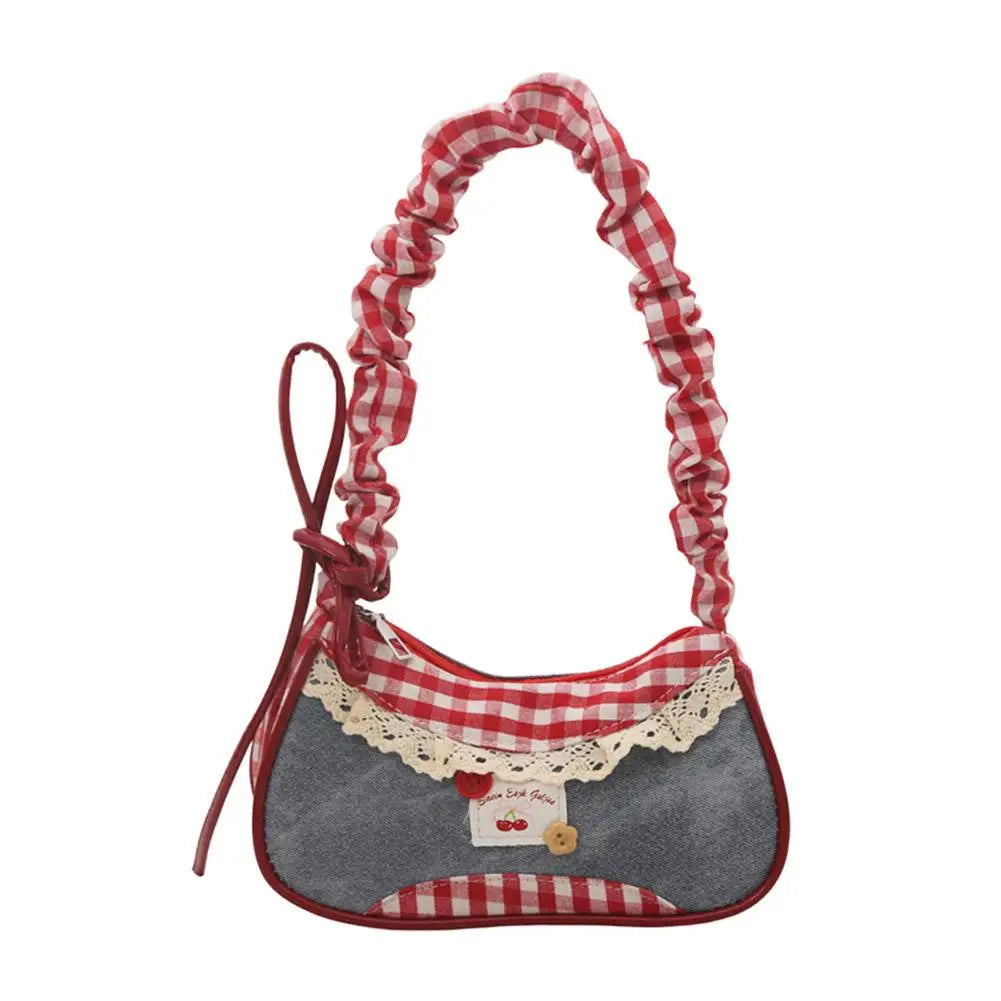 Fashion Grid Lace Ribbon Shoulder Bag – Stretchable Underarm Bag for Daily Commuting & School